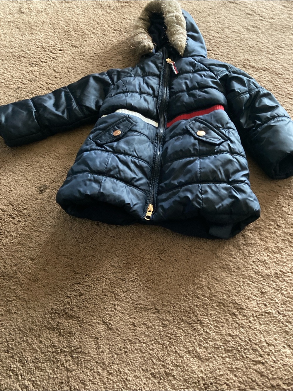 Tommy Hilfiger Navy Puffer Jacket with Faux Fur Trim